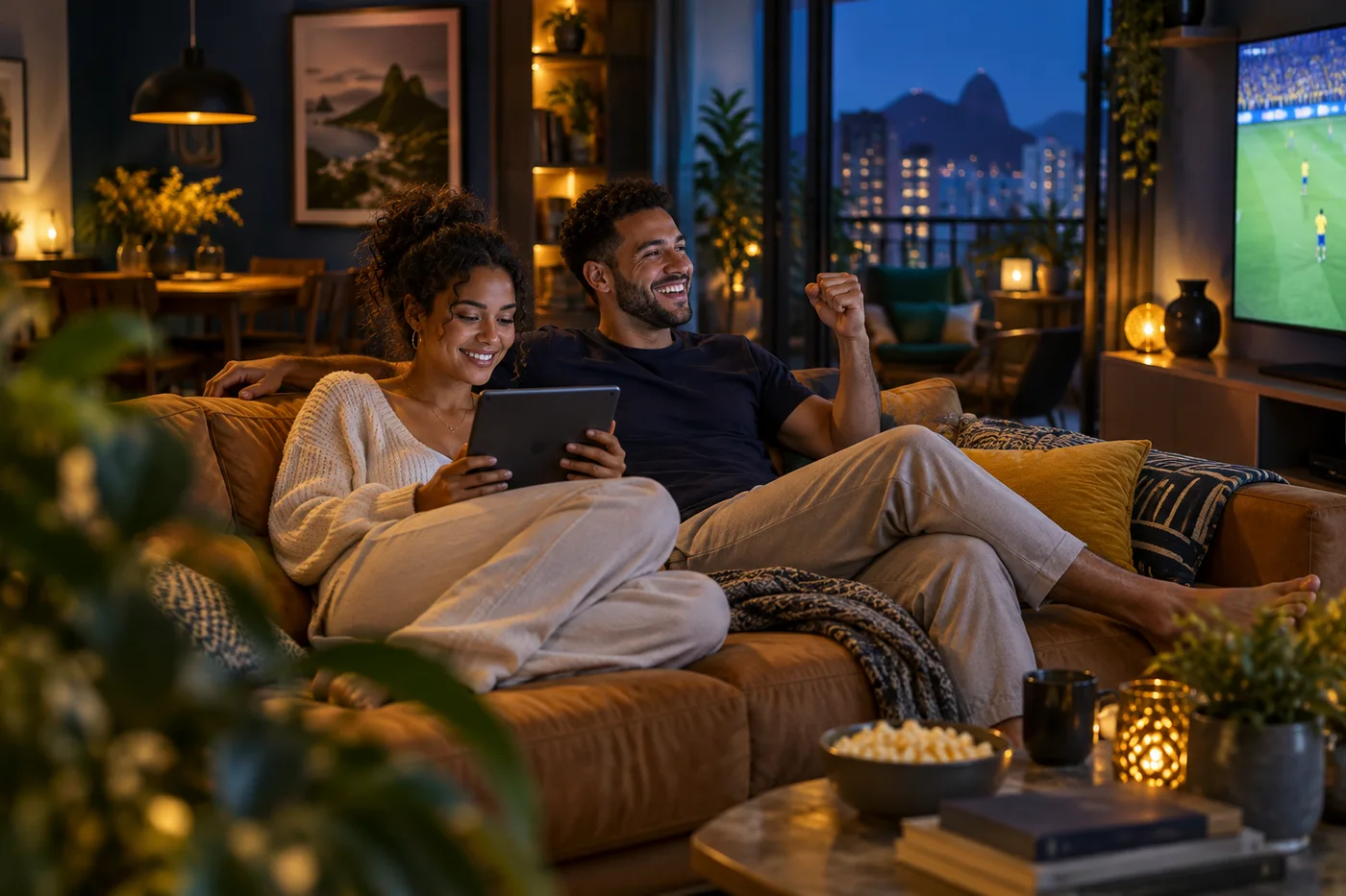 Casal aproveitando uma noite em casa com internet e entretenimento